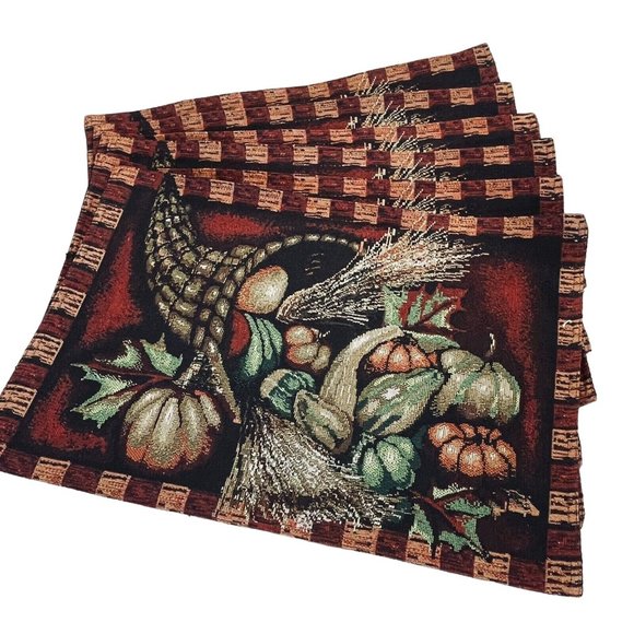 Arlee Home Fashions Set 6 Fall Harvest Burgundy Tapestry Placemats Cornucopia - Picture 3 of 6
